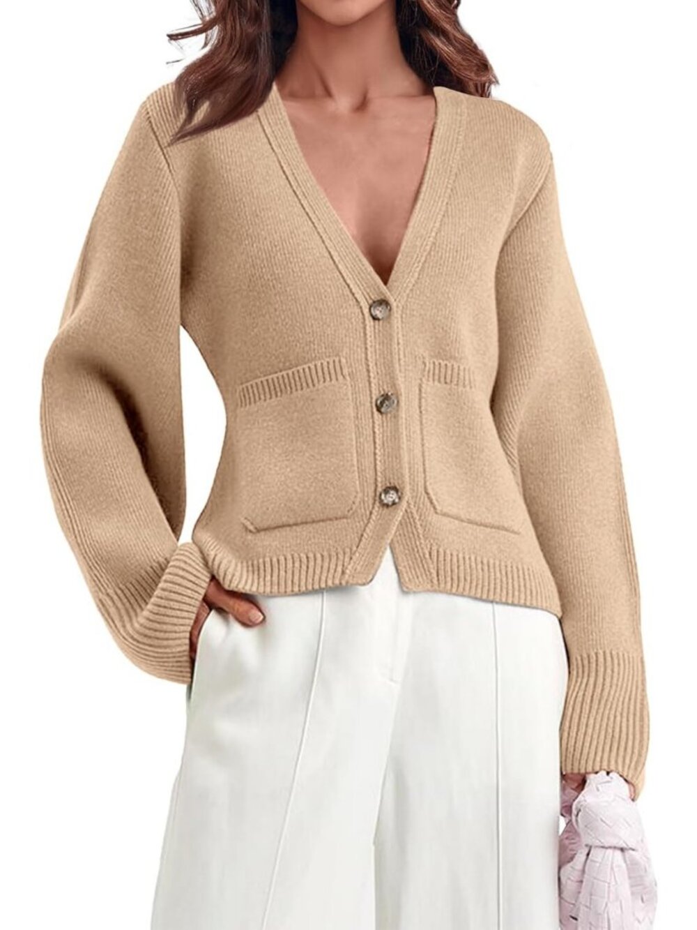 Chic Deep V Neck Cardigan Sweater, Open Front, Long Sleeve, Cropped Knit Coat